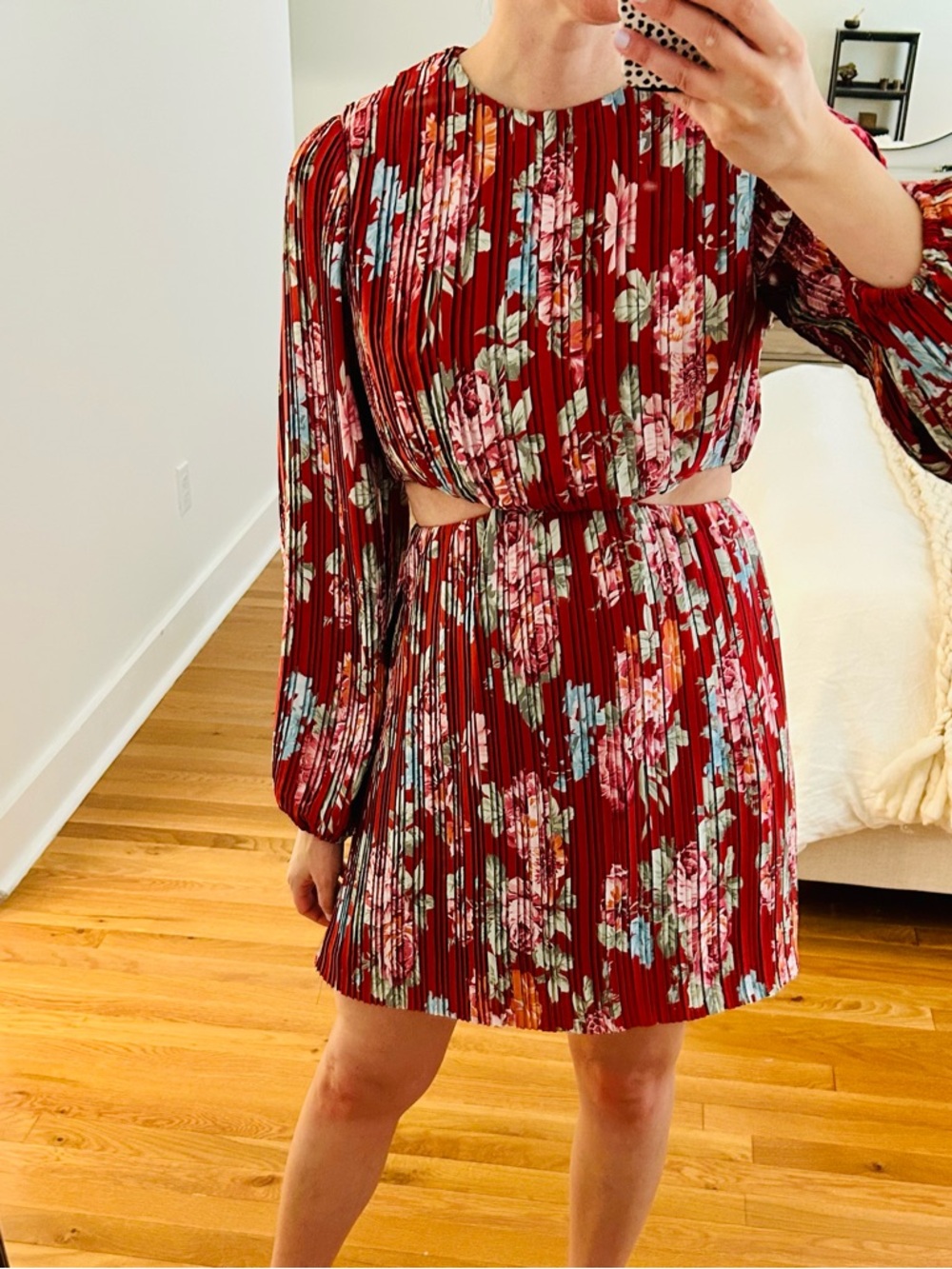 WAYF Red Floral Pleated Long-Sleeve Cutout Dress